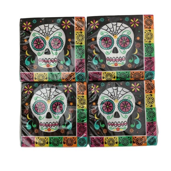 Day Of The Dead Beverage Napkins Sugar Skulls 4 Packs of 16 Size 9 4/5" x 9 3/4" - Picture 1 of 5